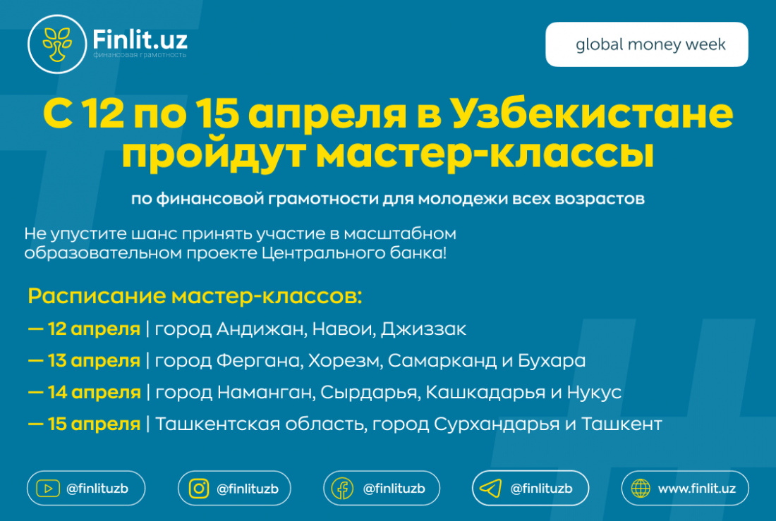 С 12 по 15 апреля в Узбекистане пройдут мастер-классы по финансовой грамотности для молодежи всех возрастов